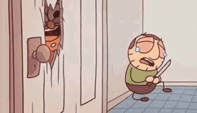a cartoon of a man holding a knife in front of a door with a clown behind it .