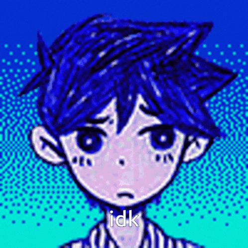 a pixel art drawing of a boy with blue hair and the words idk on his face .