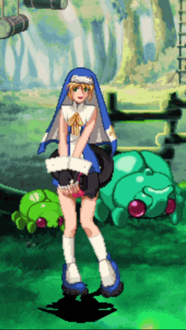 a girl in a nun costume is standing in front of a green monster