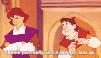 two cartoon characters are standing next to each other and one of them says i think you really sort a like her less up .
