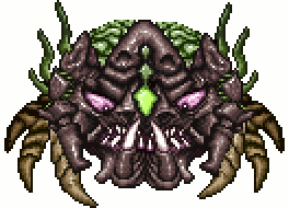 a pixel art drawing of a crab with a green eye
