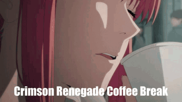 a picture of a girl drinking a cup of crimson renegade coffee