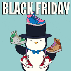 a penguin wearing a top hat is holding a bunch of shoes and the words black friday