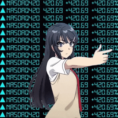 a girl is pointing at a screen that says nasdaq420 on it