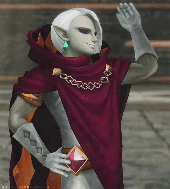 a video game character with a red cape and gloves is waving his hand