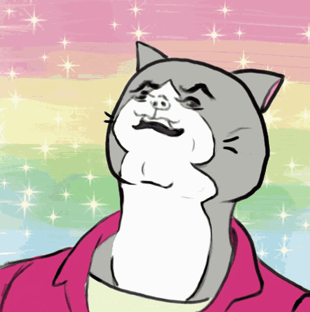 a drawing of a cat looking up with a pink background