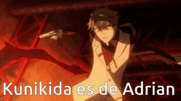 a man in a white suit is holding a gun and the words kunikida es de adrian are above him