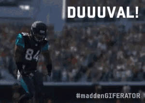 a football player with the number 84 on his jersey is running on the field .