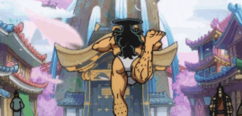 a cartoon character is jumping in the air in front of a building in a city .