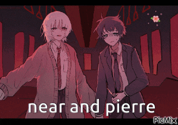a couple of anime characters standing next to each other with near and pierre written in the corner