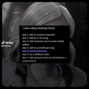 a black and white photo of a woman with the words 1 week editing challenge thing on the bottom