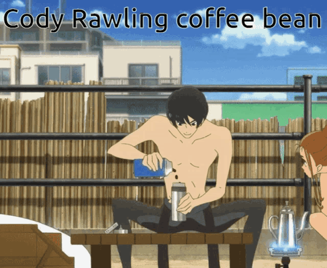 a cartoon of a shirtless man sitting on a bench with the words cody rawling coffee bean below him