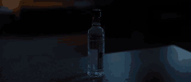 a small bottle of alcohol is sitting on a dark table .