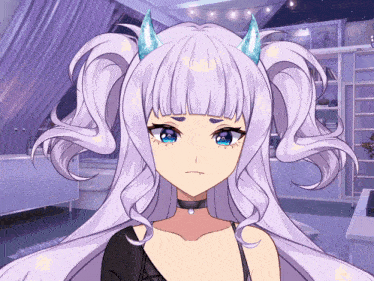 a girl with purple hair and horns looks sad