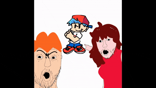 a cartoon of a man and a woman standing next to a cartoon character .