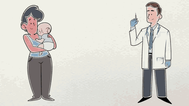 a cartoon drawing of a woman holding a baby and a doctor holding a syringe