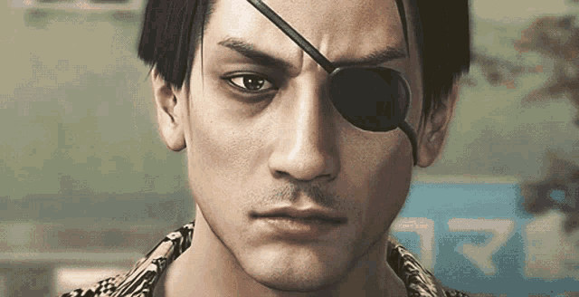 a close up of a man 's face with an eye patch on his forehead .