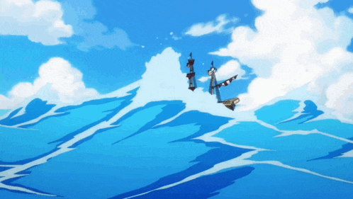 a cartoon drawing of a ship in the ocean with a blue sky in the background