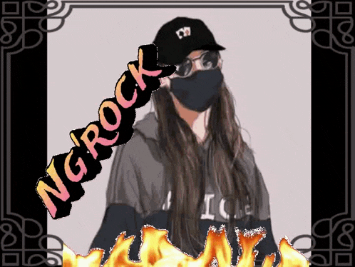 a drawing of a girl wearing a mask and a hat with the words ng rock on it