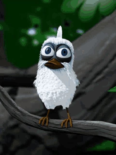 a cartoon bird with big blue eyes is sitting on a branch