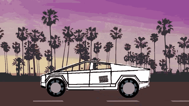 a drawing of a futuristic car driving down a road with palm trees in the background