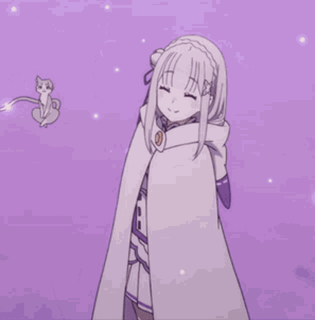 a girl in a white cape with a cat on her shoulder