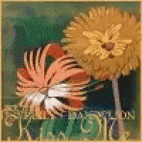 a close up of a painting of three flowers on a green background
