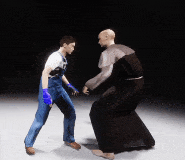 a man in blue overalls is standing next to a man in a robe