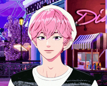 a boy with pink hair and purple eyes stands in front of a dunkin donuts stand