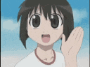 a cartoon girl is waving her hand in the air while wearing a white shirt .