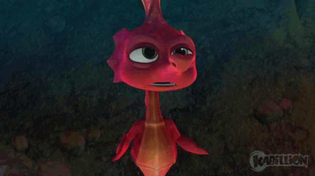 a picture of a red seahorse with a kabillion logo in the corner