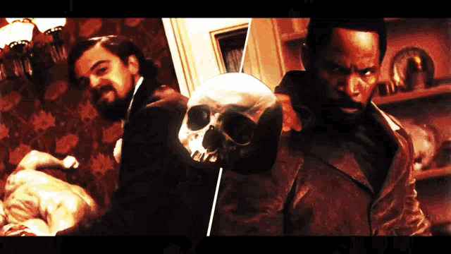 a man holding a skull next to another man in a suit