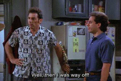 two men are standing next to each other in a kitchen and one of them is saying well then i was way off