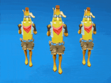 three bananas wearing goggles and bandanas are jumping in the air on a blue background
