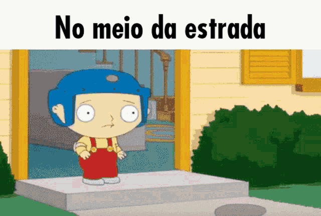 a cartoon of a boy wearing a blue helmet with the words no meio da estrada on the bottom