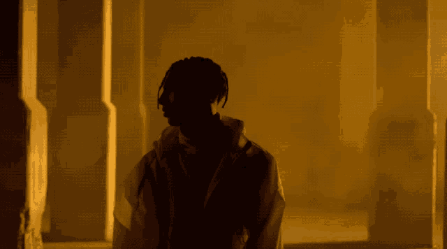 a silhouette of a person in a dark room with columns