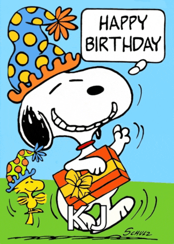 a cartoon of snoopy wearing a party hat and holding a gift box with the words happy birthday written above him