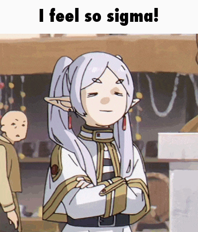 a cartoon of a girl with white hair and the words " i feel so sigma " below her
