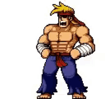 a pixel art illustration of a muscular man with a bandana on his head standing in front of a white background .