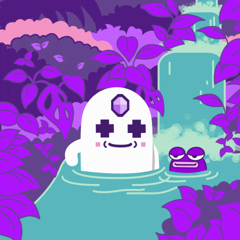 a cartoon illustration of a ghost in a waterfall with purple leaves