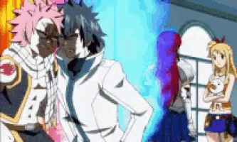 a group of anime characters are standing in a room .