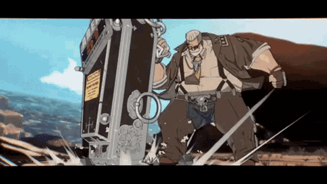 a cartoon character is standing next to a large machine and holding a gun .