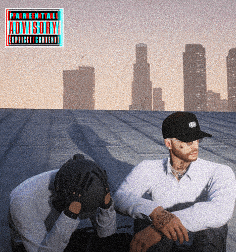two men are sitting on a roof with an advisory sticker on the top