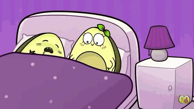 a cartoon of two avocados laying in a bed with a purple blanket