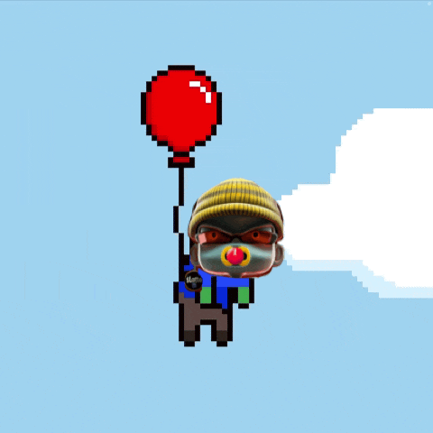 a pixel art of a person with a pacifier holding a red balloon