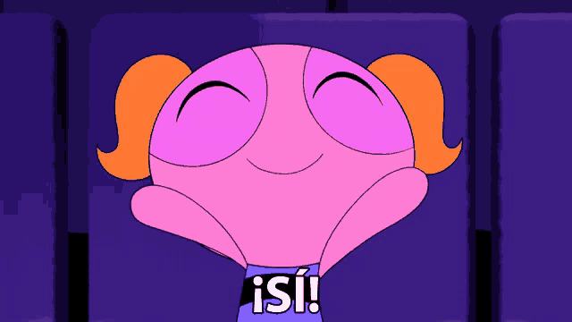 bubbles from the powerpuff girls is sitting in a theater with her mouth open and says isi