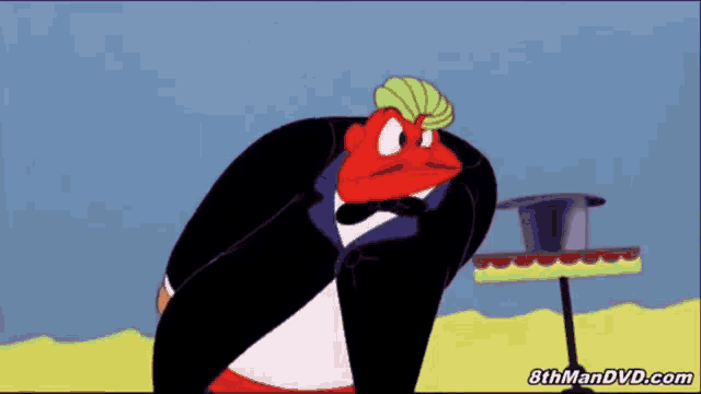 a cartoon character wearing a tuxedo and tie is standing next to a top hat .