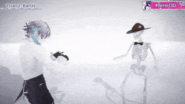 a skeleton wearing a hat and bow tie is standing in front of a man in a white shirt