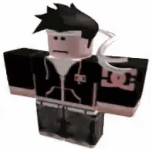 a roblox character wearing a black jacket and black pants is standing in front of a white background .