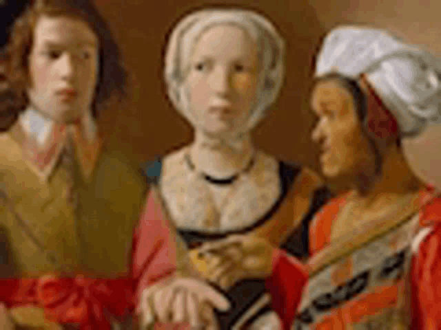 a painting of a man , a woman , and a boy standing next to each other .